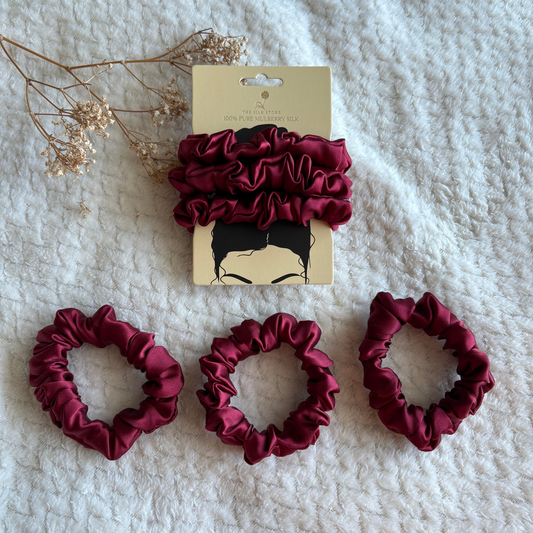 3x Pure Silk Scrunchies Burgundy