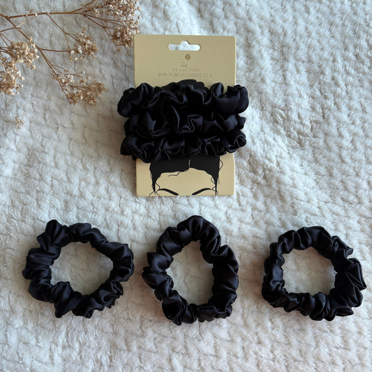 3x Pure Silk Scrunchies Black