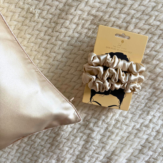 Champagne Silk Pillowcase & 3x Silk Scrunchies