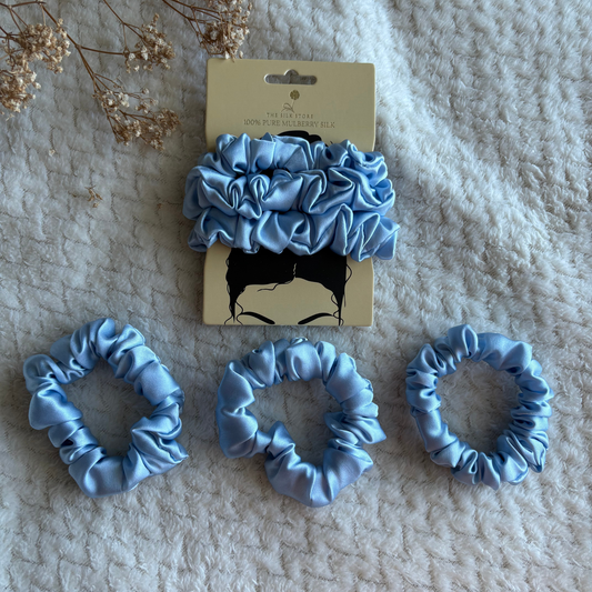 3x Pure Silk Scrunchies Light Blue