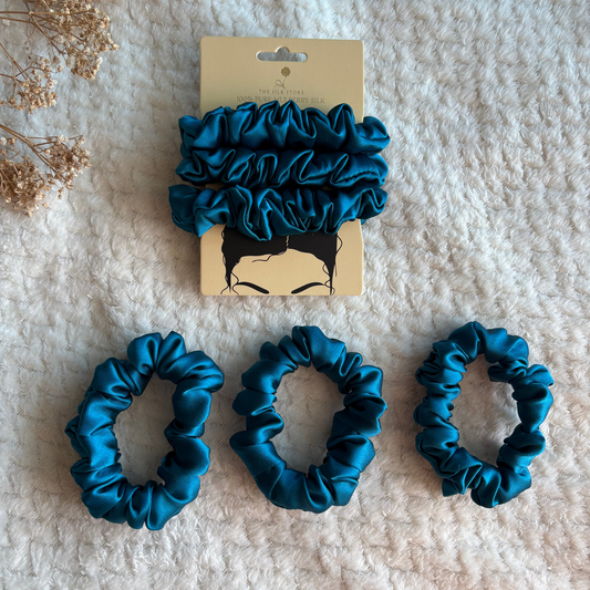 3x Pure Silk Scrunchies Peacock Blue