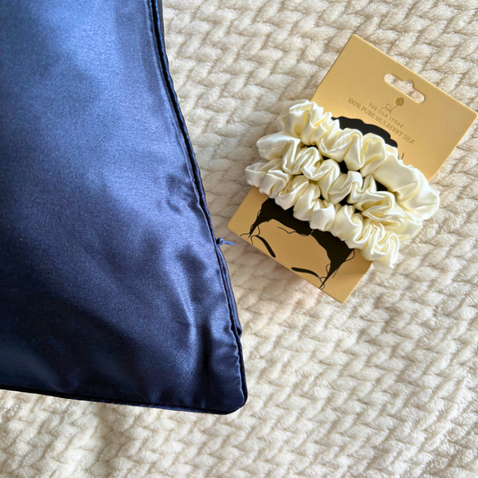 Navy Blue Silk Pillowcase & 3x La Crème Silk Scrunchies