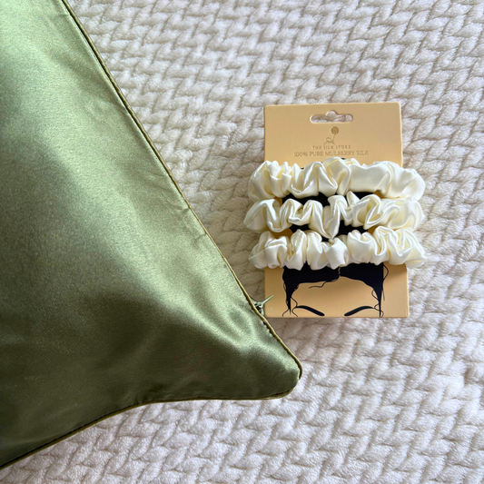 Olive Green Silk Pillowcase & 3x La Crème Silk Scrunchies