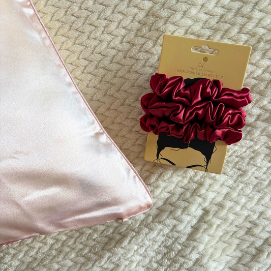 Soft Pink Silk Pillowcase & 3x Burgundy Silk Scrunchies