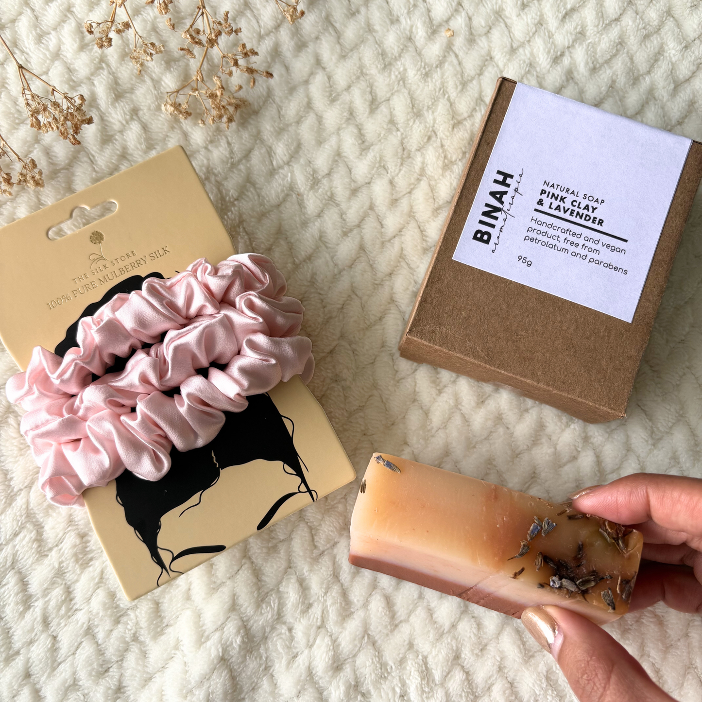 Baby Pink Silk Scrunchies & Pink Clay and Lavender Soap Gift Bundle