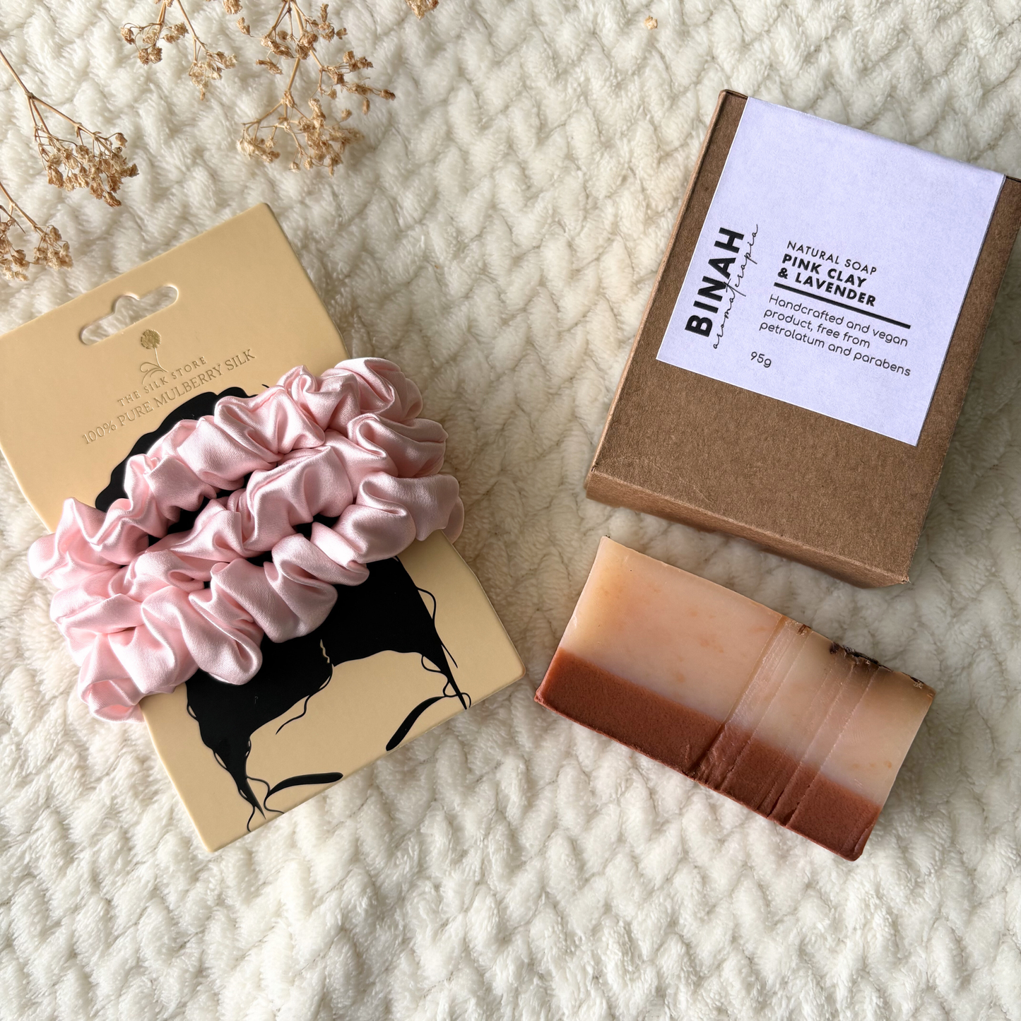 Baby Pink Silk Scrunchies & Pink Clay and Lavender Soap Gift Bundle