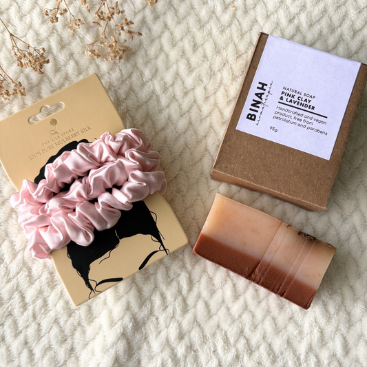 Baby Pink Silk Scrunchies & Pink Clay and Lavender Soap Gift Bundle