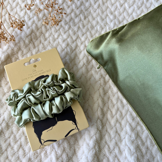 Olive Green Silk Pillowcase & 3x Silk Scrunchies