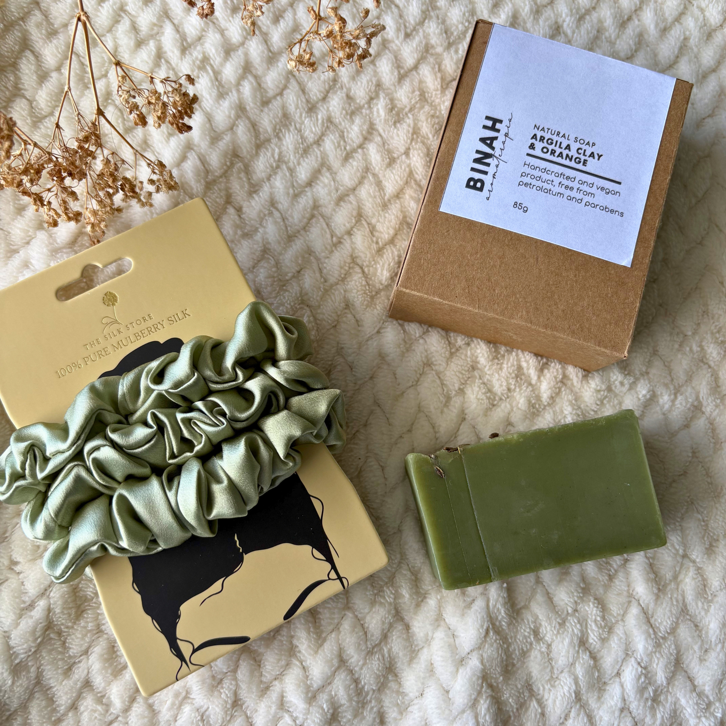 Olive Green Silk Scrunchie & Clay Soap Gift Bundle