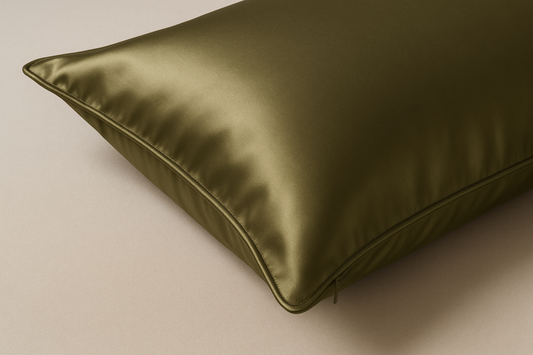 give me a detailed photo of a olive green #636B2F silk pillowcase showing the pipping finish in the same colour and invisible zipper