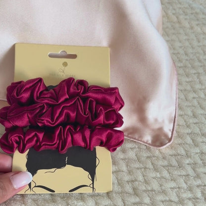 Soft Pink Silk Pillowcase & 3x Burgundy Silk Scrunchies