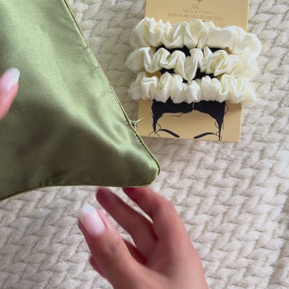 Olive Green Silk Pillowcase & 3x La Crème Silk Scrunchies