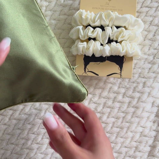 Olive Green Silk Pillowcase & 3x La Crème Silk Scrunchies